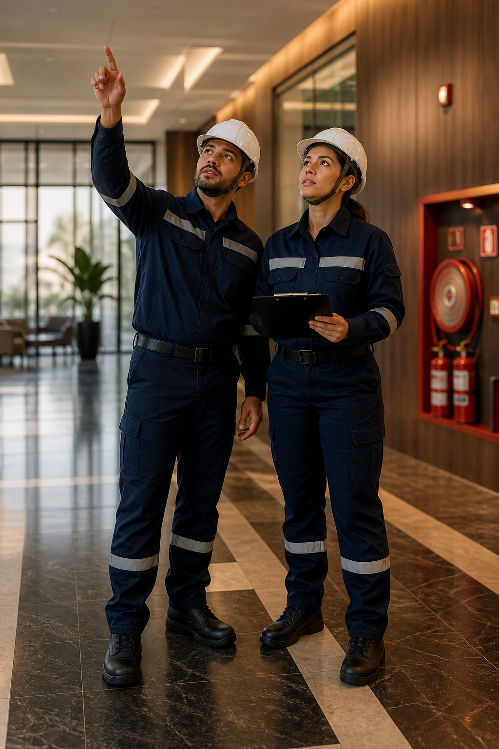 Equipe de bombeiro civil em ambiente corporativo